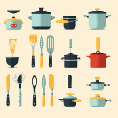 Vector icons of kitchen utensils and tools like knives, forks, spoons, and chef hats for a culinary-themed set