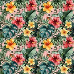 Foto op Plexiglas watercolor seamless pattern green tropical leaves and flowers on pink background © Маргарита Вайс