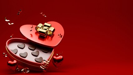 3D rendered red and gold valentine themed of love chocolate box for banner template