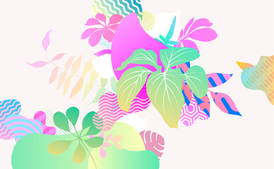 Fototapeta na wymiar Bright flat botanic background. Abstract composition of color plants and fluid decoration shapes.