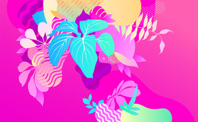 Bright flat botanic background. Abstract composition of color plants and fluid decoration shapes.