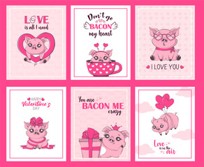 Collection of Valentine's Day card with cute kawaii pig. The inscription pun. Cartoon flat illustration for banner, poster, card, postcard. Vector illustration of a character in love