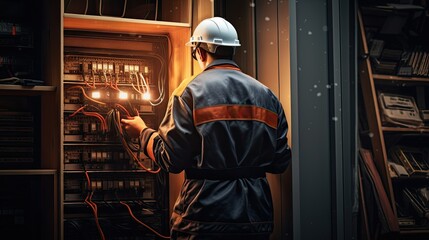 an Asian electrician adorned in overalls, a helmet, and gloves as they conduct maintenance or repairs in an electrical cabinet.