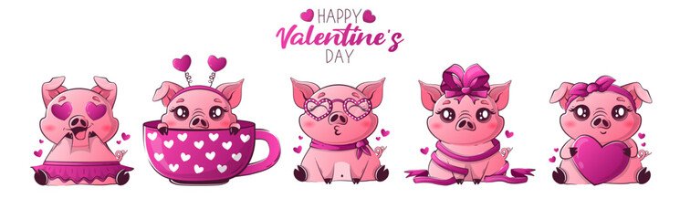 Greeting long web banner with kawaii love pigs for Valentine's day. Simple valentines character happy farm animal