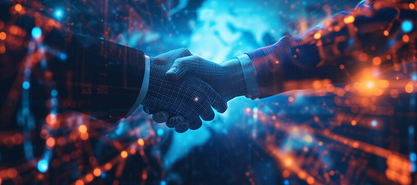 Group of multinational people shaking hands and digital technology concept. Wide angle visual for banners or advertisements