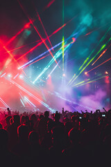 Concert crowd enjoying a music festival with colorful stage lights and laser show