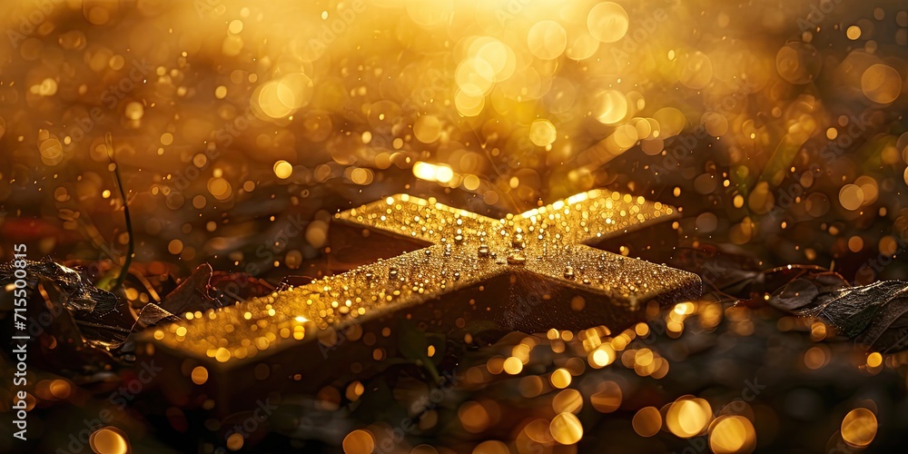 Poster cross on a golden background with bokeh effect