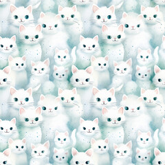 seamless pattern of watercolor cute fluffy white cats on blue background