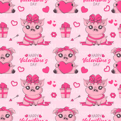 Seamless pattern with kawaii pig in love, happy inscription. Valentine's day party, vacation, holiday concept.Vector illustration for product design, wallpaper, wrapping paper.