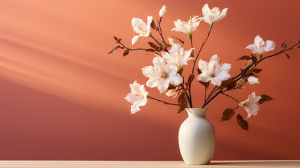 Soft home decor, white jug, vase with white small flowers on a white vintage wall background and on a wooden shelf. Interior.