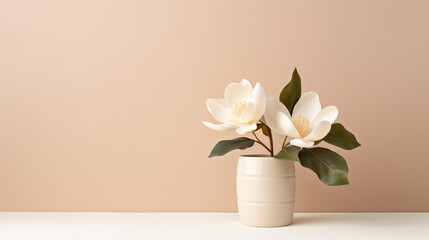 Soft home decor, white jug, vase with white small flowers on a white vintage wall background and on a wooden shelf. Interior.