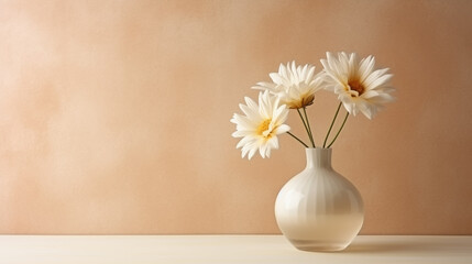 Soft home decor, white jug, vase with white small flowers on a white vintage wall background and on a wooden shelf. Interior.