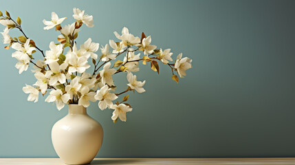 Soft home decor, white jug, vase with white small flowers on a white vintage wall background and on a wooden shelf. Interior.