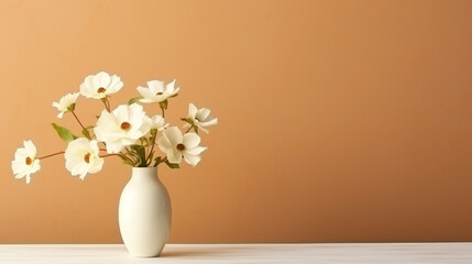 Fototapeta na wymiar Soft home decor, white jug, vase with white small flowers on a white vintage wall background and on a wooden shelf. Interior.