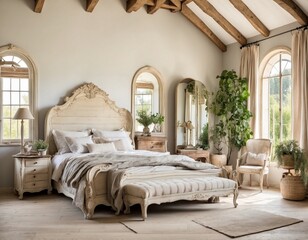 French country interior design of modern bedroom in farmhouse.