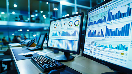 Financial Technology Office: An office setting with computers and financial charts, representing technology in the business world - obrazy, fototapety, plakaty