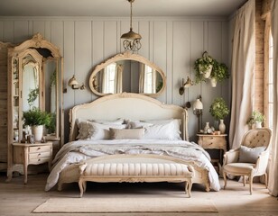 French country interior design of modern bedroom in farmhouse.