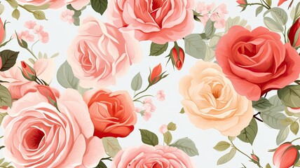delicate roses in full summer bloom, creating a holiday background with an abundance of blooming flowers, a pastel and soft bouquet floral card for a warm and inviting scene. SEAMLESS PATTERN.