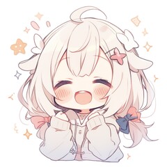portrait of a happy embarrassed anime chibi little girl on a white background - obrazy, fototapety, plakaty