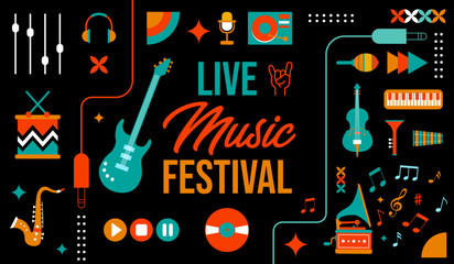 Live Music Festival - Set of elements - Music - Modern graphic elements and various musical instruments - Distinct and festive illustrations for the music festival  - obrazy, fototapety, plakaty