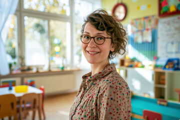 A cheerful woman with curly hair and glasses wearing a patterned shirt in a sunny preschool classroom - 715502447