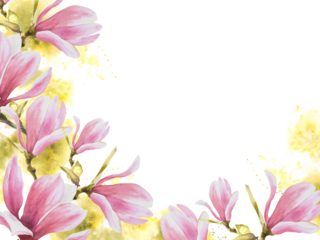 Floral frame, banner with watercolor pink magnolias flowers, buds, leaves Hand painted isolated illustration White background with green watercolor stains Clipart for wedding invitations greeting card
