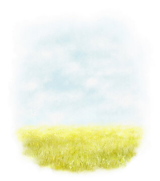 Bright landscape scenery with green grass summer meadow and sky with clouds. Watercolor hand drawn illustration sketch