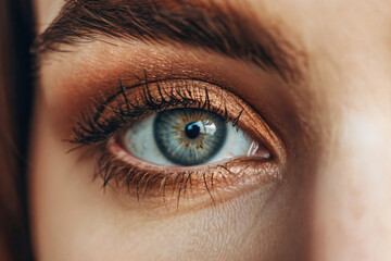 Obraz premium Macro shot of a person's blue eye with detailed eyelashes and eyeshadow, showcasing intricate textures and colors