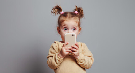surprised emotional chld girl with a phone in her hands with her mouth open on a plain peach background with space for text. concept emotions, old age, surprise, technology