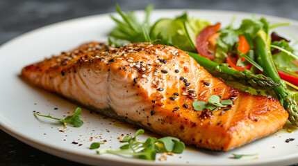 Baked salmon with a delicate taste of ginger and soy sauce, crispy asparagus, and fresh salad. This dish combines the rich, savory flavor of salmon with the light, refreshing texture of vegetables.