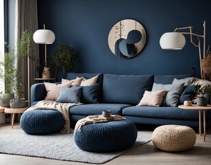 Two knitted poufs near dark blue corner sofa. Scandinavian home interior design of modern living room.