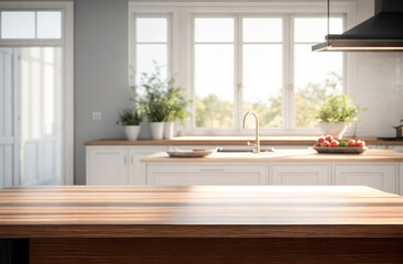 Empty wooden table top counter near a big window. Wood tabletop over defocused kitchen background. Trendy stylish desk space for product presentation, blur light modern cooking interior. Ai Generated