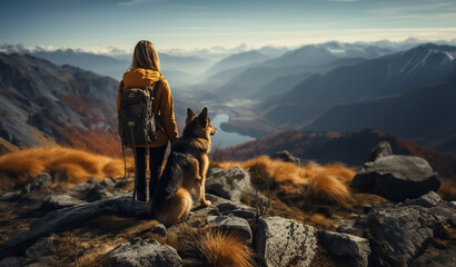 Cinematic image of a hiker girl with german shepherd dog at the top of the mountain with rocks, colorful trees and lake. Long shot of a beautiful scene from the top of the mountain. - obrazy, fototapety, plakaty