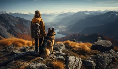 Tuinposter Cinematic image of a hiker girl with german shepherd dog at the top of the mountain with rocks, colorful trees and lake. Long shot of a beautiful scene from the top of the mountain. © Loucine
