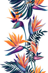 Seamless border with watercolor vibrant strelitzia flowers and deep blue palm leaves - 715503422