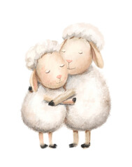 Two animals, pair of white fur sheep hug each other and smile isolated on white background. Valentines day card. Watercolor hand drawn illustration sketch