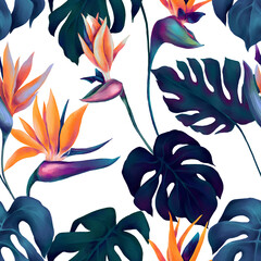 Seamless pattern of watercolor deep blue monstera leaves and vibrant strelitzia flowers - 715503617