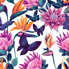 Seamless pattern of watercolor butterflies and tropical flowers in neon colors - 715503681