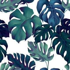 Seamless pattern of watercolor deep blue and green monstera leaves - 715503690