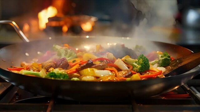 Zoomedin image of a colorful vegetable stirfry sizzling in a hot wok on a stovetop.