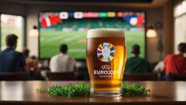 This is an image of a group of people watching a football match on a large TV screen, with a beer glass featuring the Euro 2024 logo in the foreground
