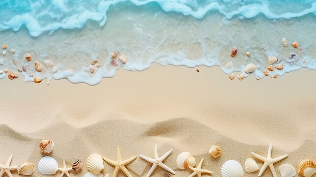 Discover the Allure of Tropical Beach Relaxation: Shells and Starfish Display from a Higher Vantage Point on a Sandy Beach with Ample Text Space for Promotional Content