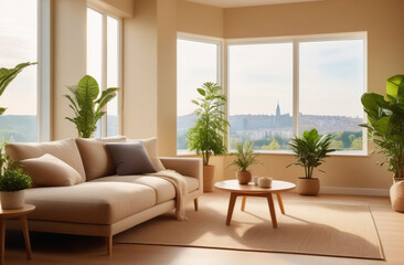 Fototapeta premium Interior of living room with green houseplants. Sofas, wooden coffee table, furniture. Scandinavian nordic minimalist style. Neutral Gray walls, big panoramic windows. Cozy apartment. Boho home decor