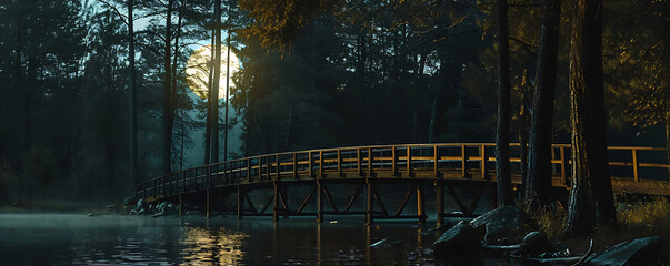 A wooden bridge crosses dark water under a full moon, tall trees casting shadows as nature invites exploration at night.