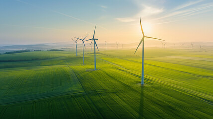 Wind Turbine Farm in Green Fields - Sustainable Power Generation
