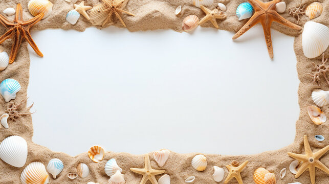 Discover the Allure of Tropical Beach Relaxation: Shells and Starfish Display from a Higher Vantage Point on a Sandy Beach with Ample Text Space for Promotional Content