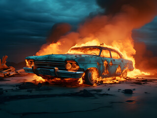 A large old car with flames rising up from the ground