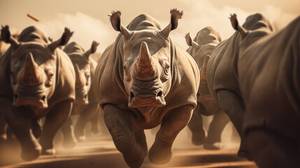 a group of white rhinos in the wild - obrazy, fototapety, plakaty