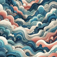 Vintage Wave Clouds Bubbles Texture Pattern in Hippie Summer Flower Power Ornament Style, flowing, dynamic, colorful animated happy Cartoon of Sea illustration lines Wallpaper Background Brush Curves