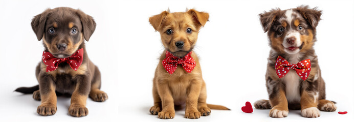 Three adorable puppies wearing red polka dot bow ties against a white background, conceptually suitable for Valentine's Day